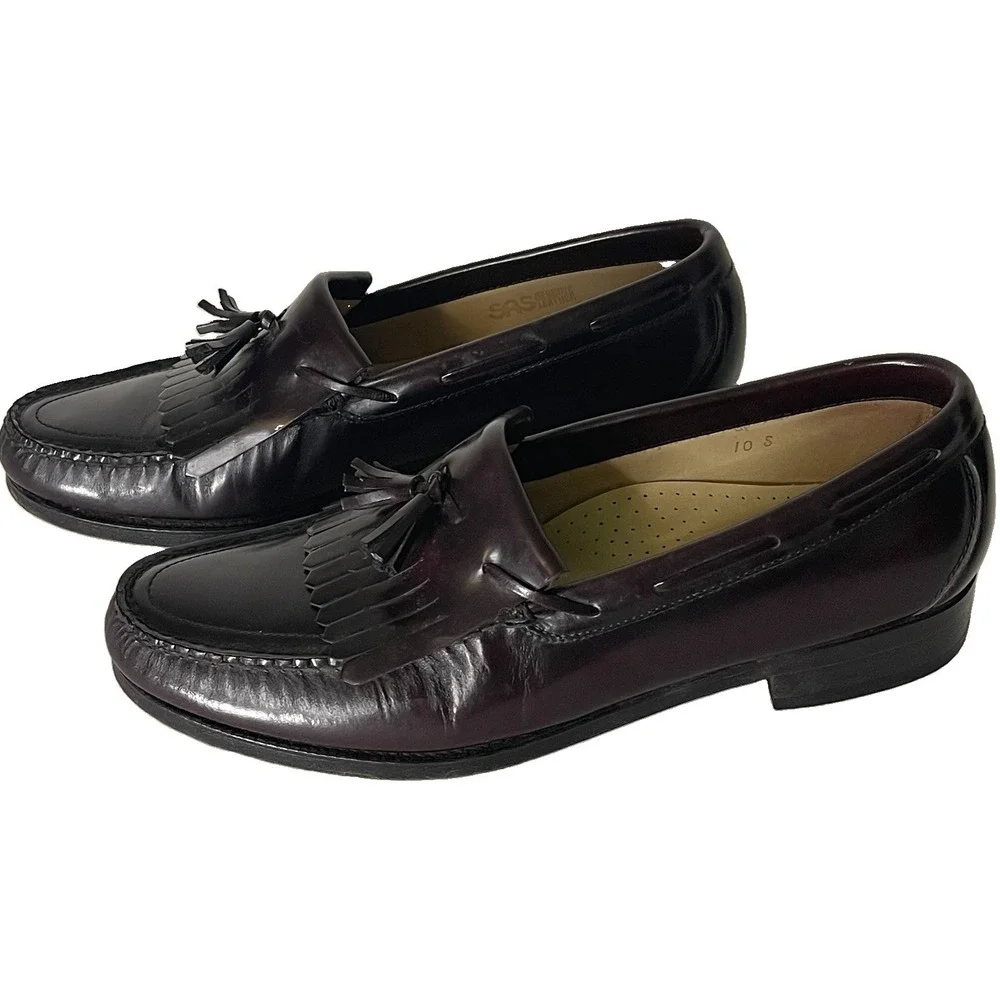 SAS Mens Hand Sewn Tassel Kiltie Loafers Cordovan Leather USA Made 10 Slim S